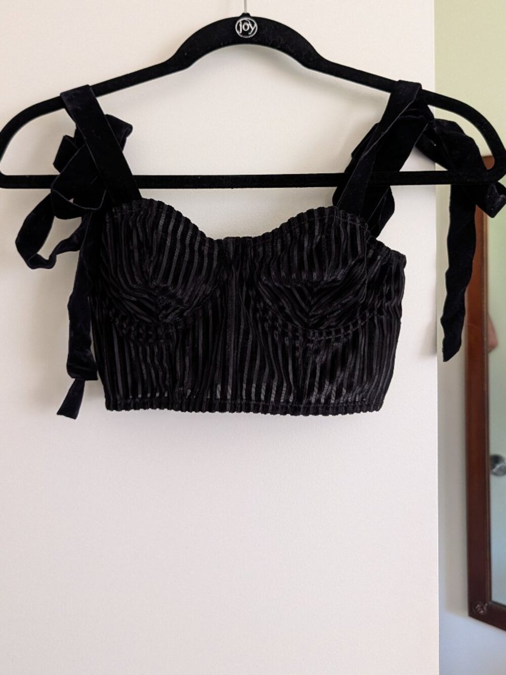 Anthropologie Black Velvet Burnout Bustier Crop Top Bow Tie Straps Size S